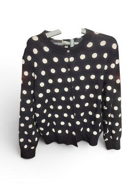 Women's Black Crewneck Cardigan with White Polka Dots